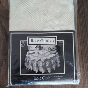 Vintage Rose Garden Tablecloth 70" Ecru Floral Lace Round Made in USA NOS New